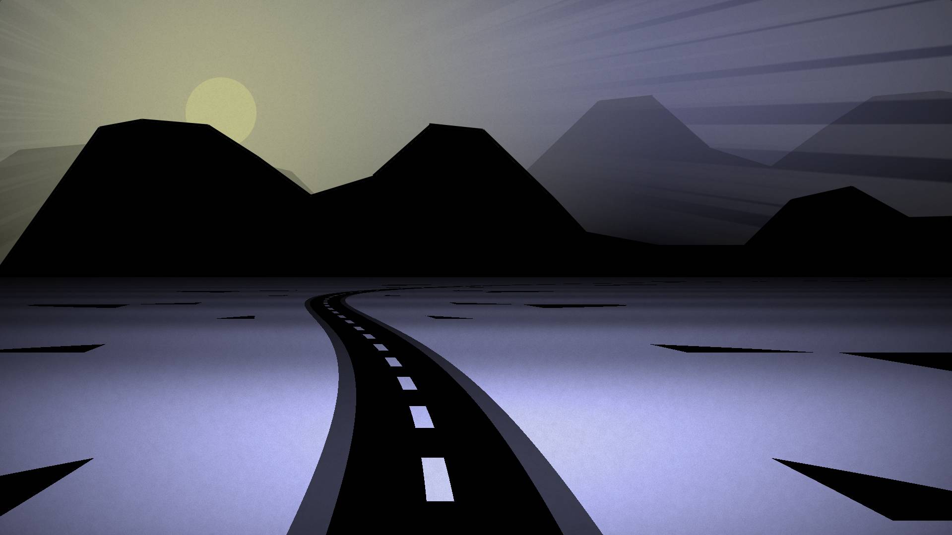 A vectorized image of a road & mountains during sunset.